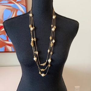 Three Strand Costume Gold and Pearl Necklace.